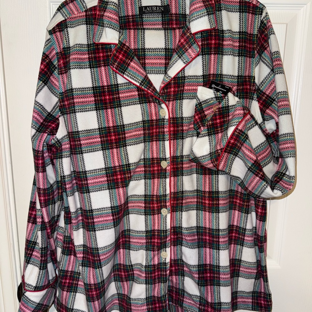 NEW Fleece Holiday Plaid Ivory Red Pajama Pant Set Women's Multicolor XL